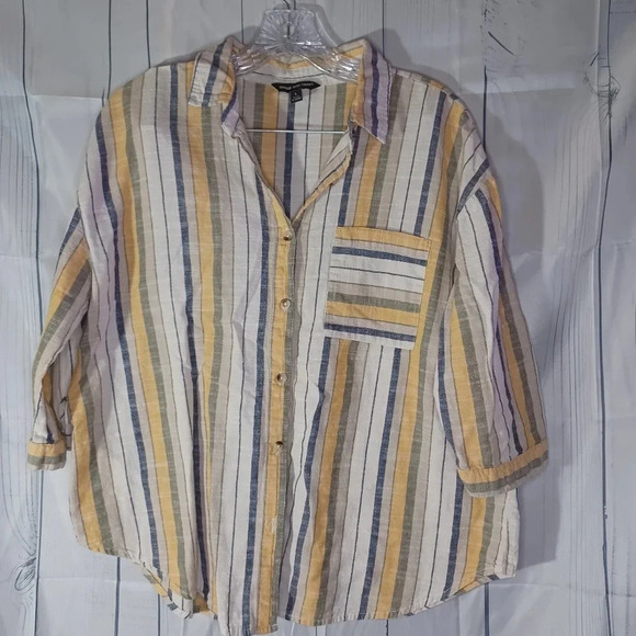 Unique Spectrum 3/4 sleeve100% cotton casual button-down striped shirt - Picture 1 of 9